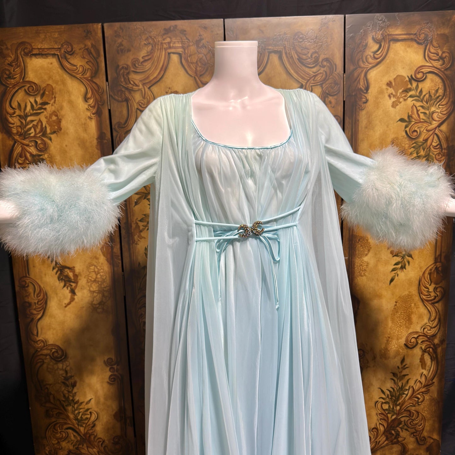 LUCIE ANN Claire Sandra peignoir set, vintage 1960s frothy blue marabou lingerie gown