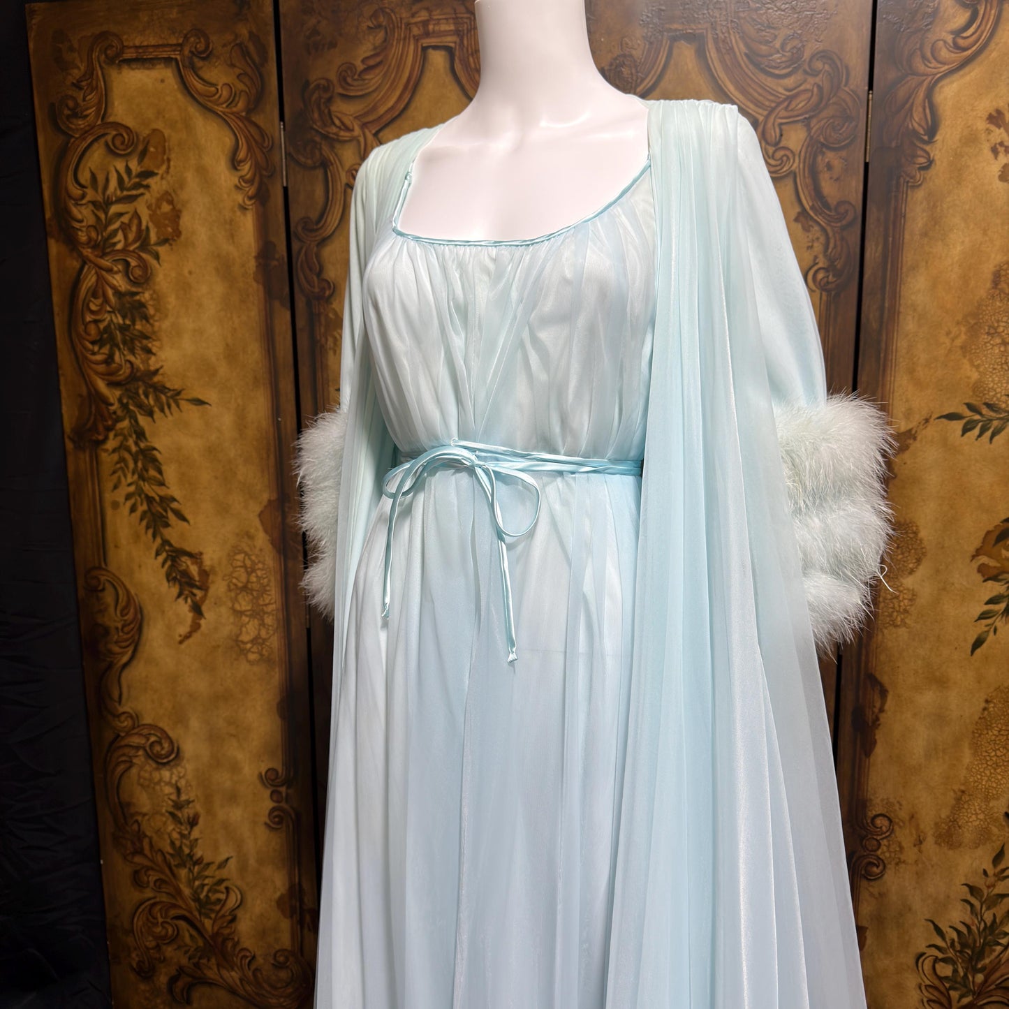 LUCIE ANN Claire Sandra peignoir set, vintage 1960s frothy blue marabou lingerie gown