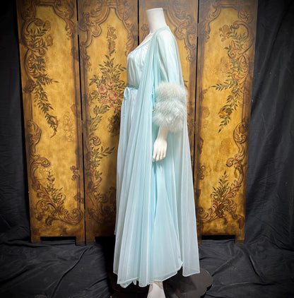 LUCIE ANN Claire Sandra peignoir set, vintage 1960s frothy blue marabou lingerie gown