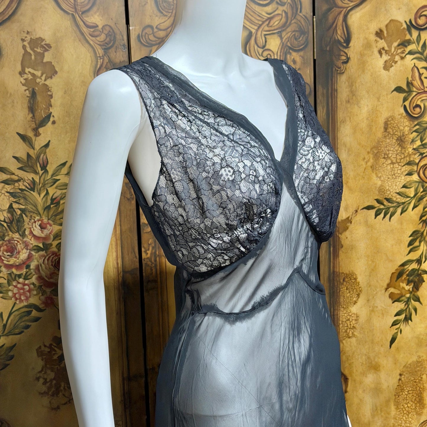 WEISMAN vintage 1930s Nightgown slip dress, sheer sultry black night lingerie dress