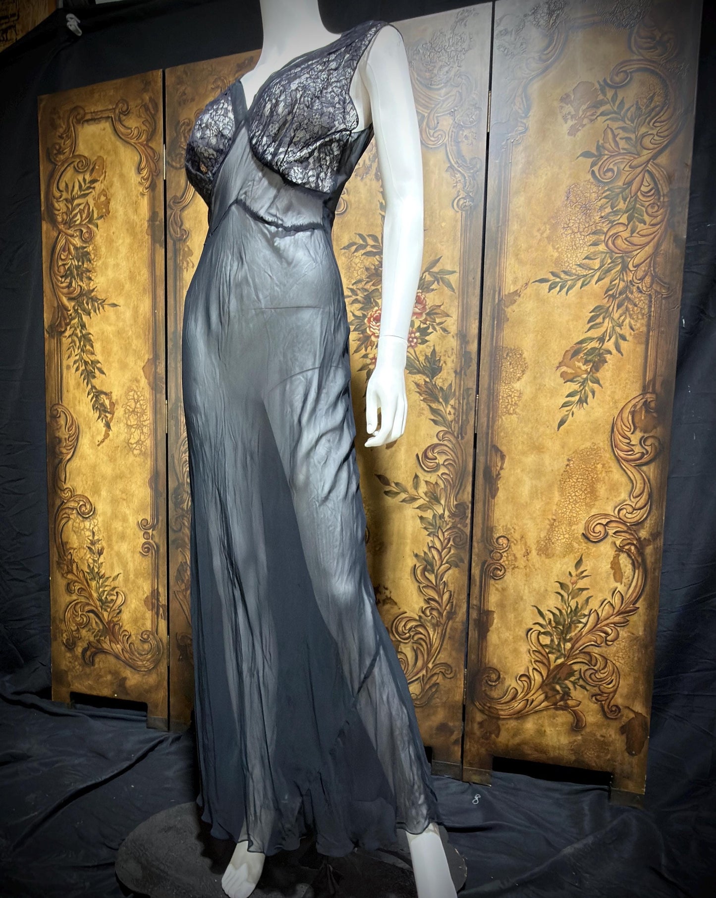 WEISMAN vintage 1930s Nightgown slip dress, sheer sultry black night lingerie dress
