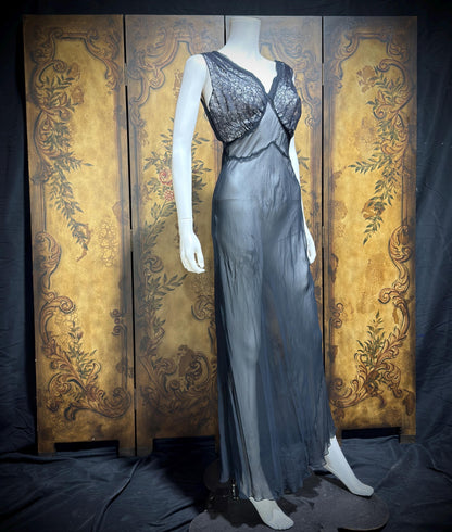 WEISMAN vintage 1930s Nightgown slip dress, sheer sultry black night lingerie dress
