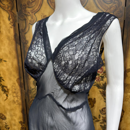 WEISMAN vintage 1930s Nightgown slip dress, sheer sultry black night lingerie dress