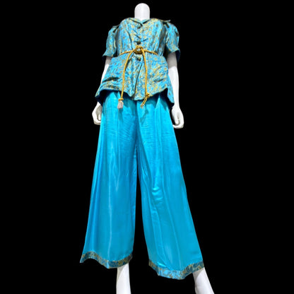 1940s vintage silk pajamas, 2 piece cocktail party lounge set, Blue Gold floral silk damask