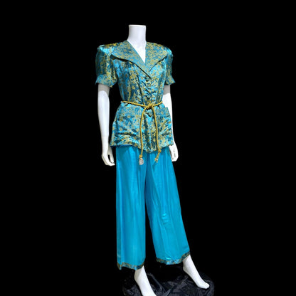 1940s vintage silk pajamas, 2 piece cocktail party lounge set, Blue Gold floral silk damask