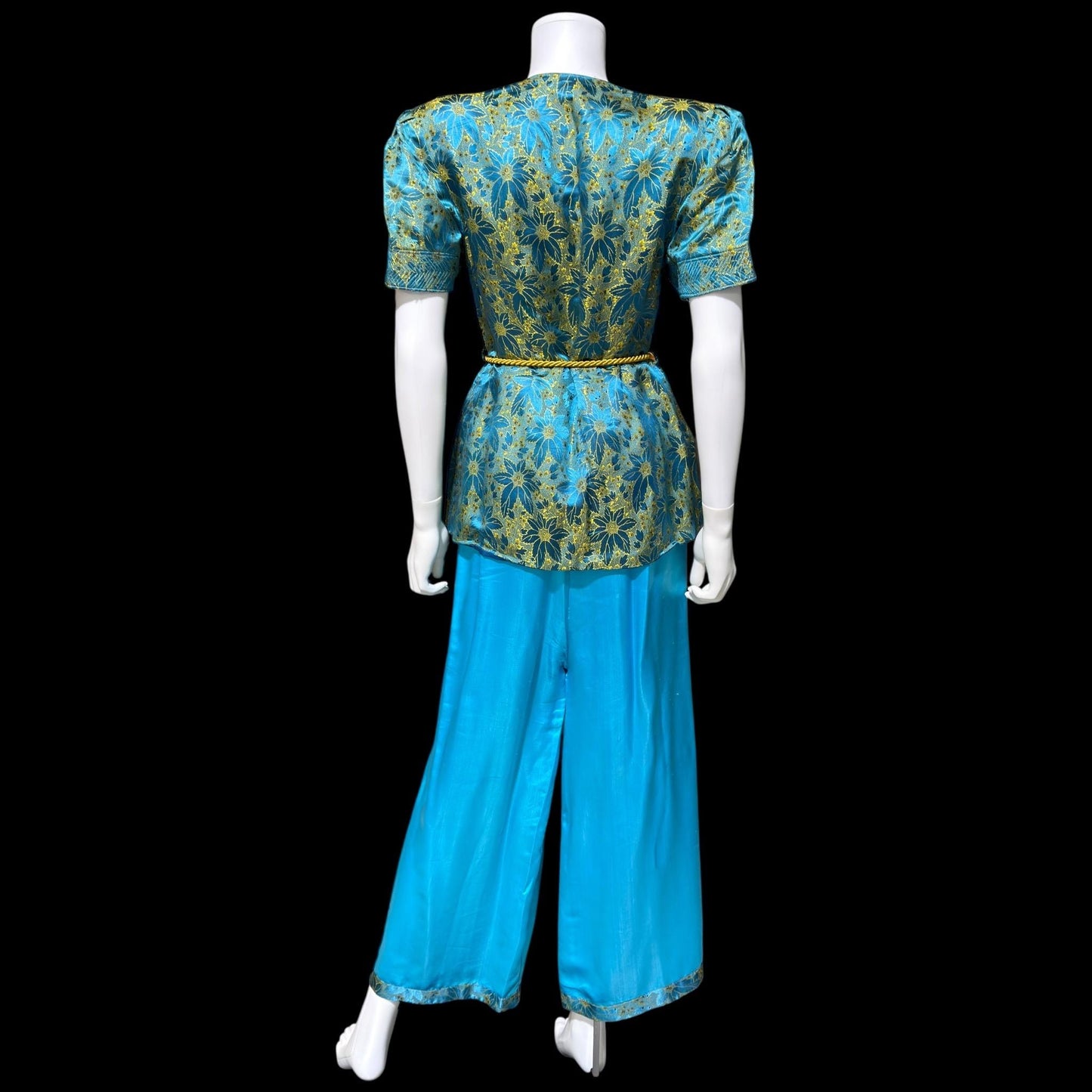 1940s vintage silk pajamas, 2 piece cocktail party lounge set, Blue Gold floral silk damask