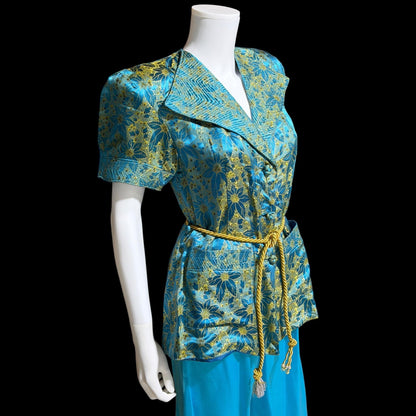 1940s vintage silk pajamas, 2 piece cocktail party lounge set, Blue Gold floral silk damask