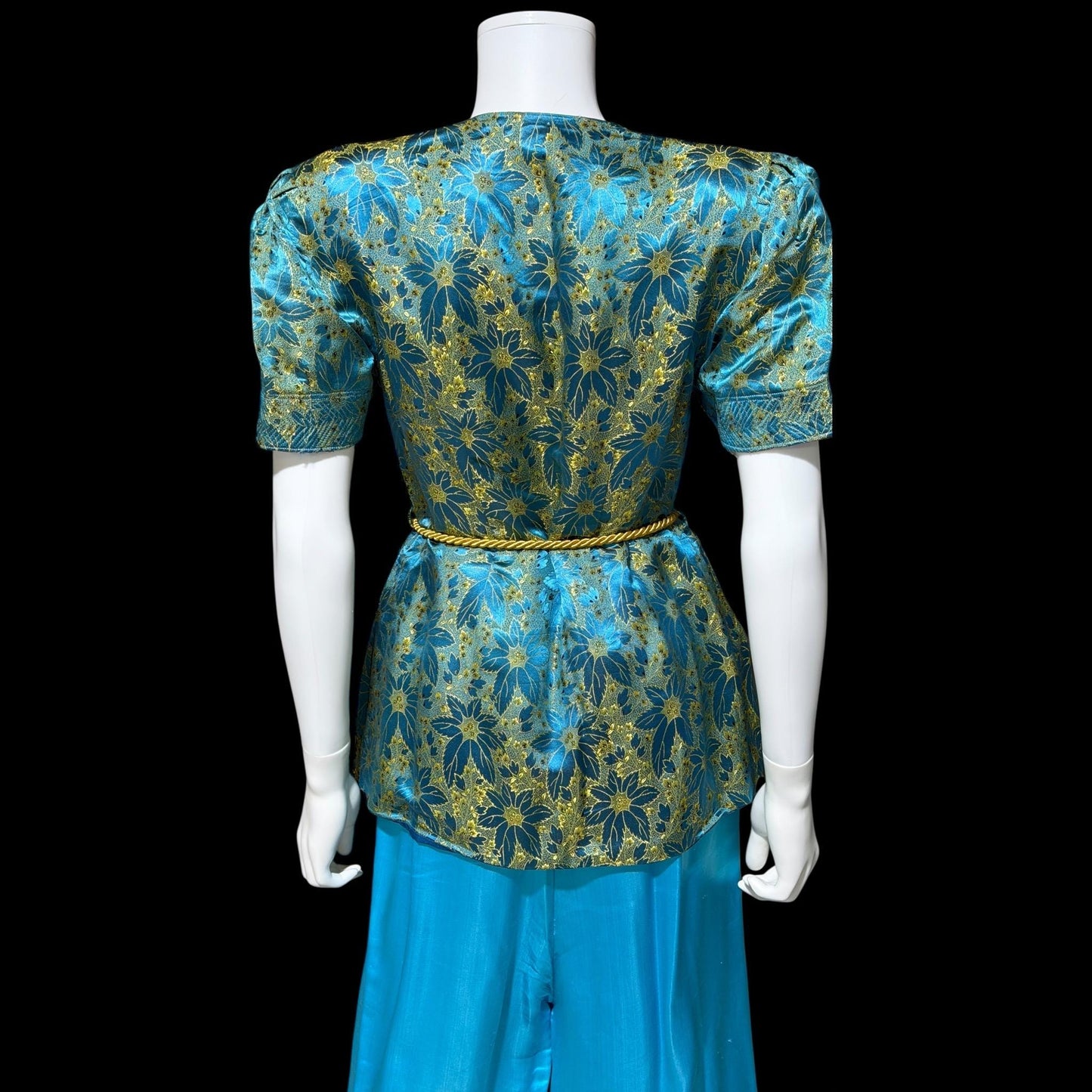 1940s vintage silk pajamas, 2 piece cocktail party lounge set, Blue Gold floral silk damask