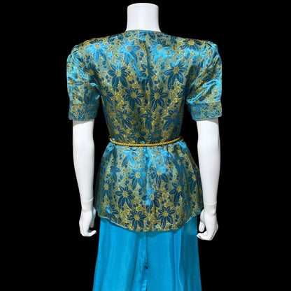 1940s vintage silk pajamas, 2 piece cocktail party lounge set, Blue Gold floral silk damask