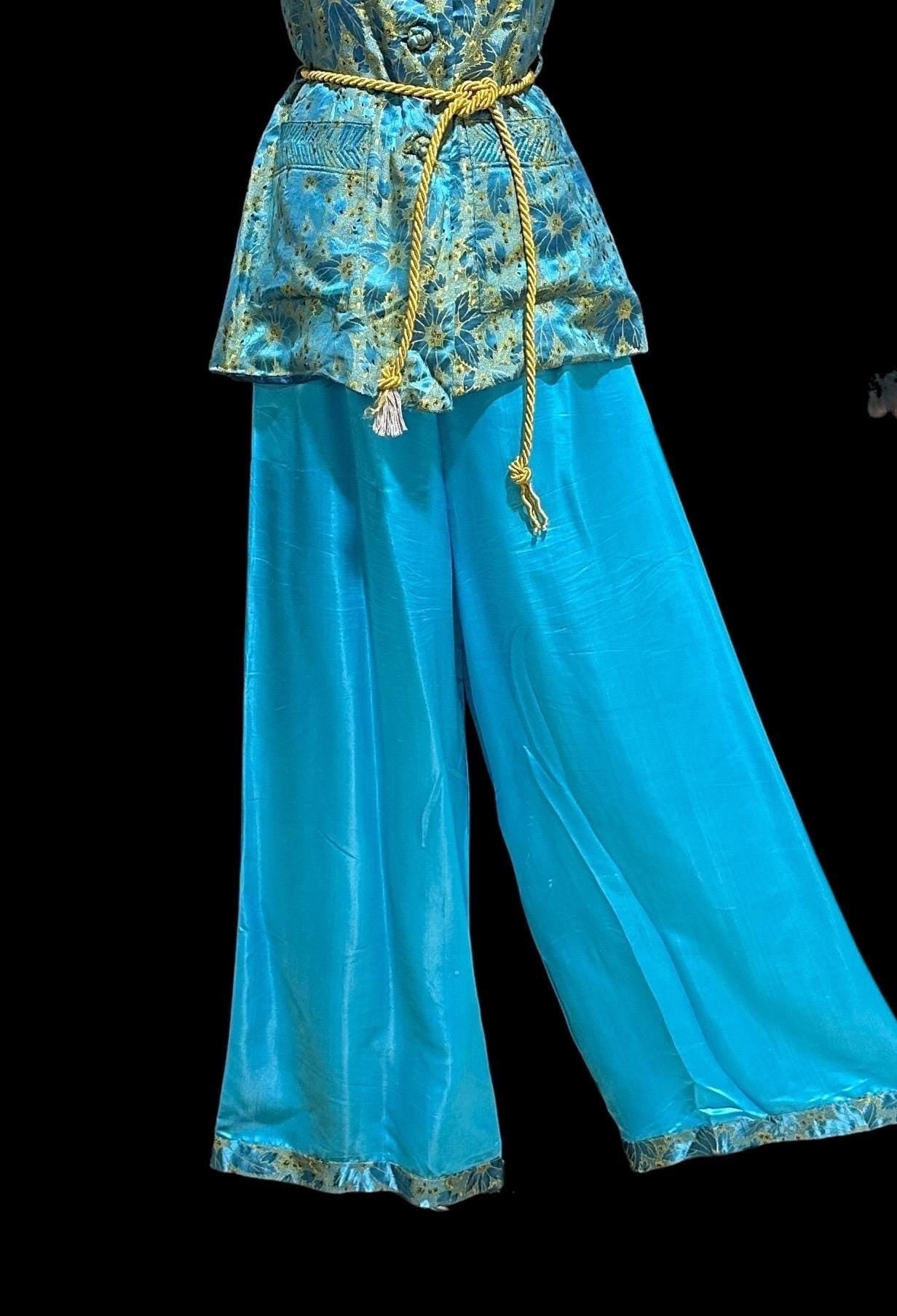 1940s vintage silk pajamas, 2 piece cocktail party lounge set, Blue Gold floral silk damask