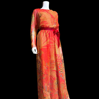 ALBERT CAPRARO vintage 1970s evening dress gown, SAKS designer blouson chiffon gown, medium