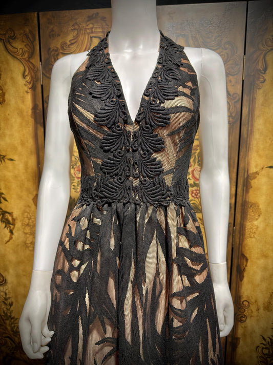 VICTOR COSTA Vintage evening dress, SAKOWITZ 1970s Black Lace Halter Midi dress