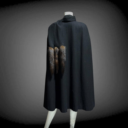 1980s vintage Cape with mink tails, black wool Evening Coat Cloak Wrap