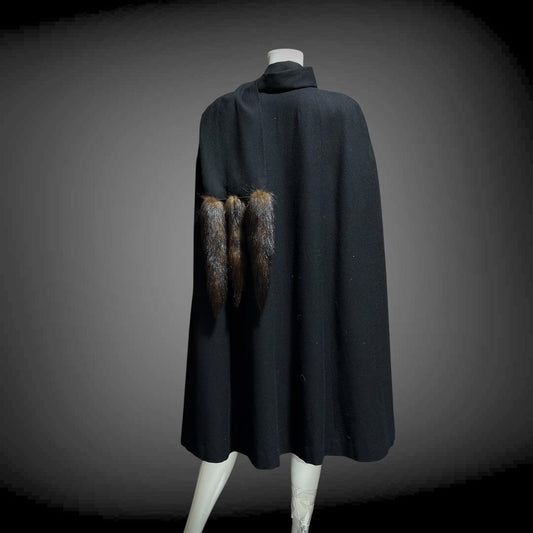 1980s vintage Cape with mink tails, black wool Evening Coat Cloak Wrap
