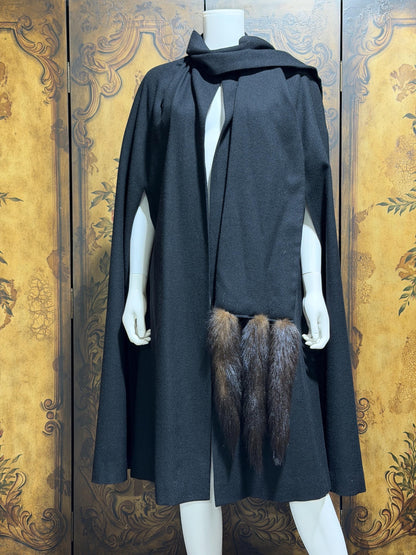 1980s vintage Cape with mink tails, black wool Evening Coat Cloak Wrap