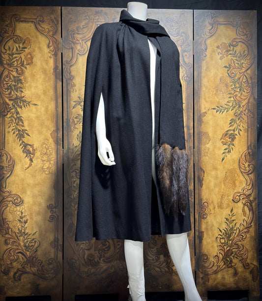 1980s vintage Cape with mink tails, black wool Evening Coat Cloak Wrap