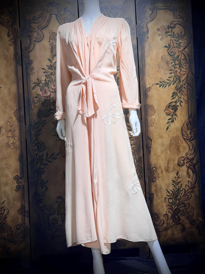 1940s vintage dressing gown robe, LYN DELLE powder pink zip front lingerie dress