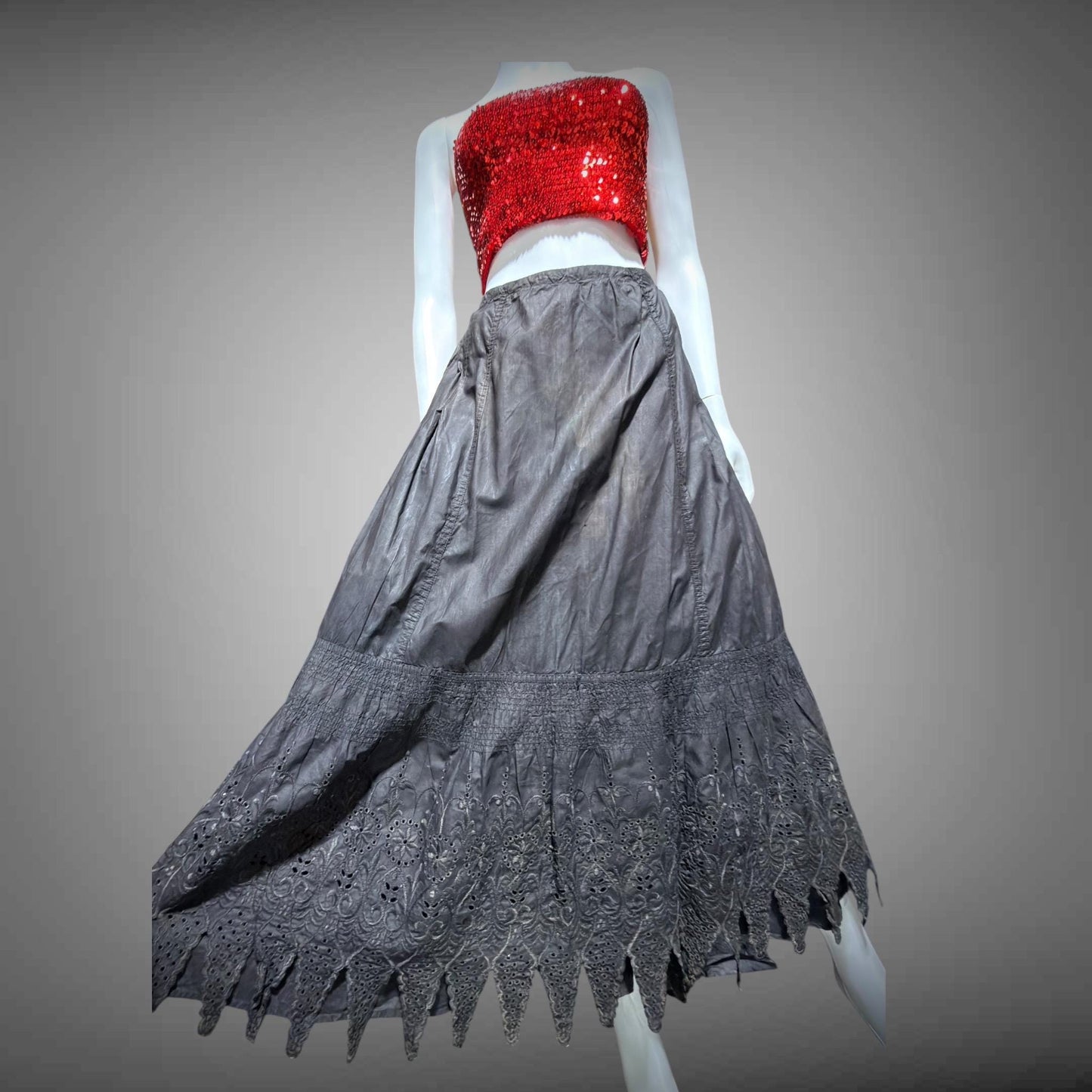 1900s Vintage Victorian petticoat, Black eyelet Antique polished cotton maxi skirt