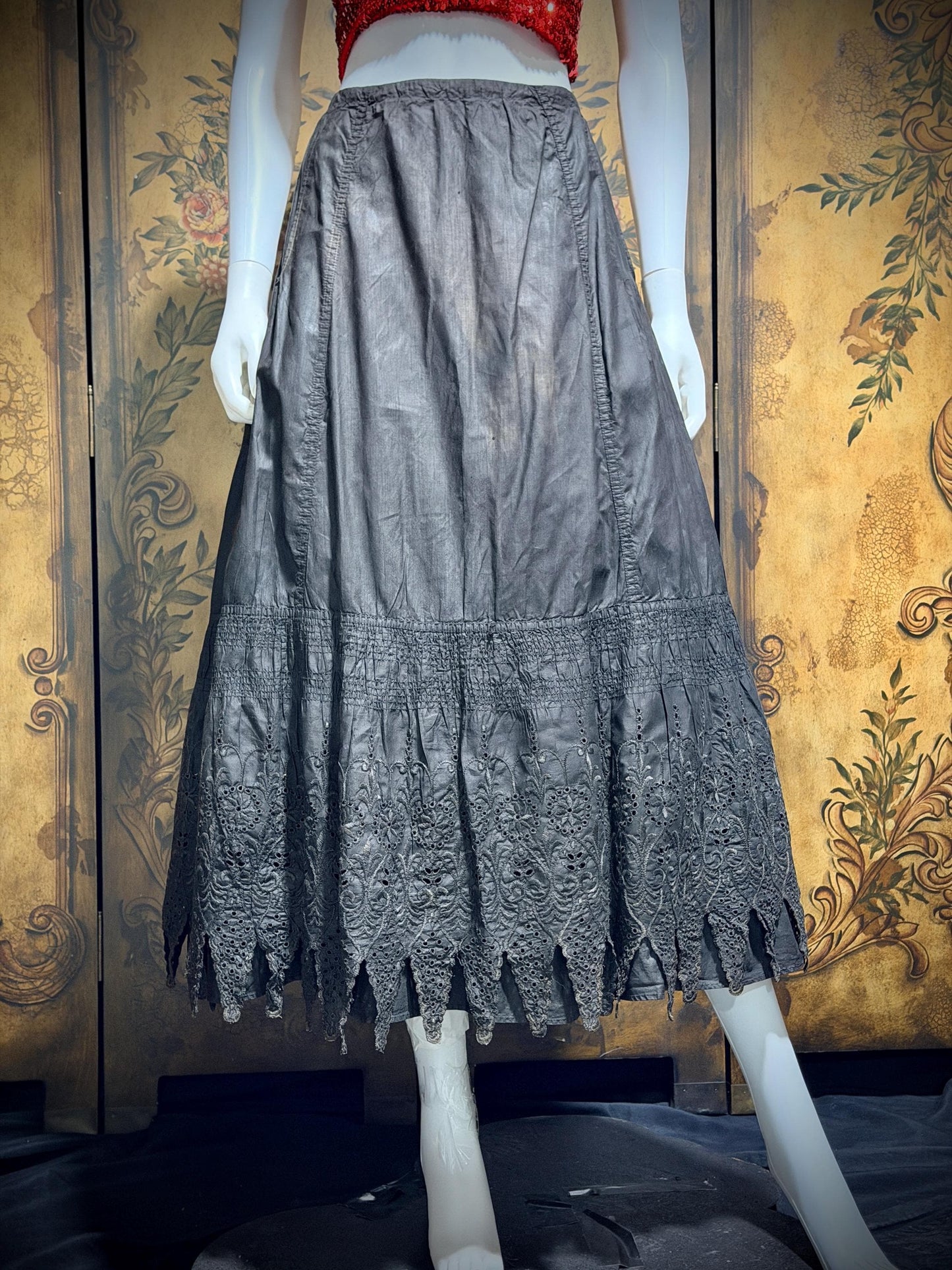 1900s Vintage Victorian petticoat, Black eyelet Antique polished cotton maxi skirt