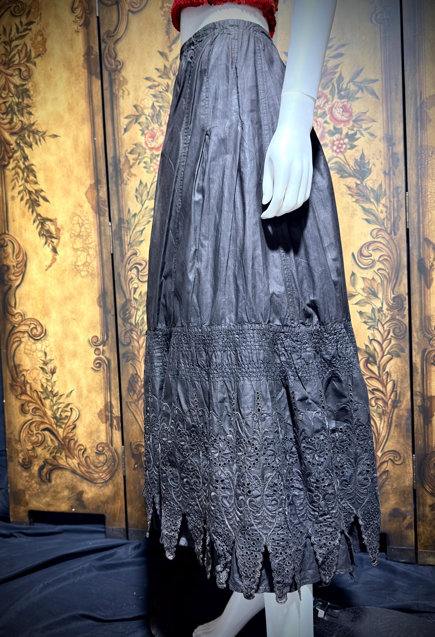 1900s Vintage Victorian petticoat, Black eyelet Antique polished cotton maxi skirt
