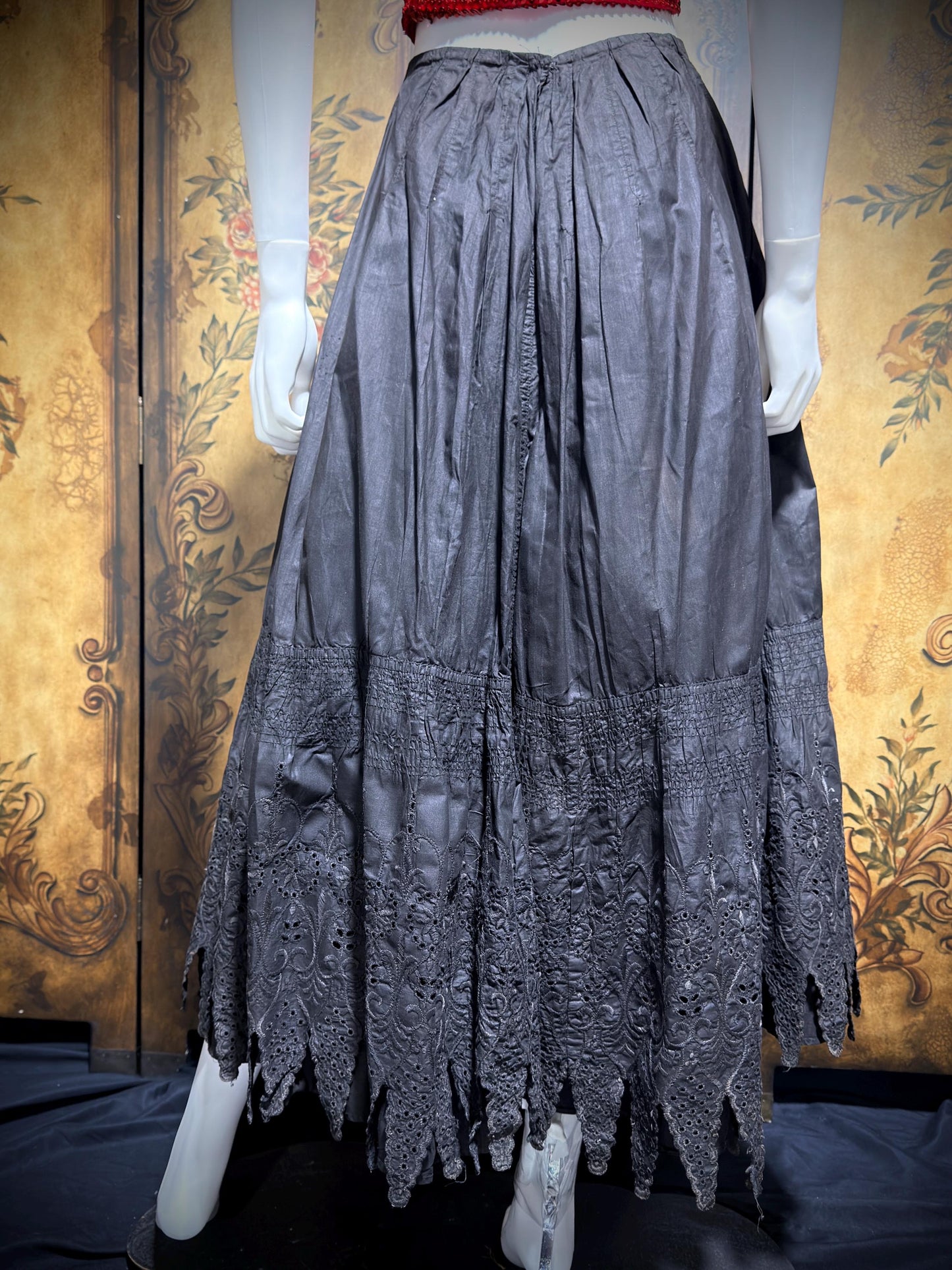 1900s Vintage Victorian petticoat, Black eyelet Antique polished cotton maxi skirt