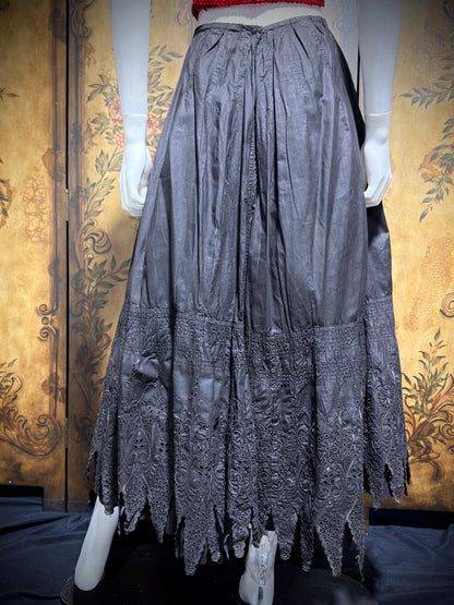 1900s Vintage Victorian petticoat, Black eyelet Antique polished cotton maxi skirt