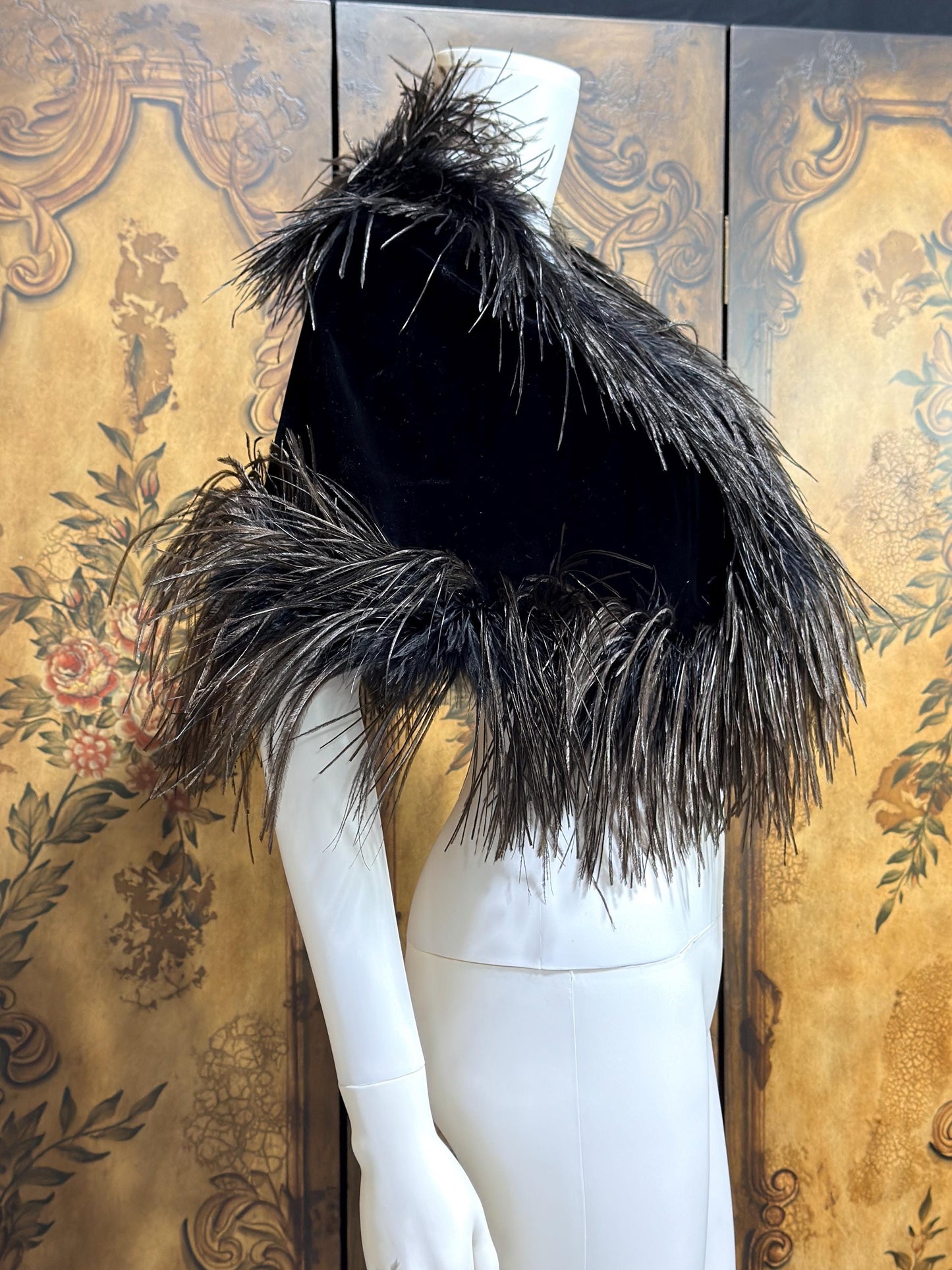 1980s Vintage Ostrich Feather Cape Shawl, Black velvet evening shoulder wrap