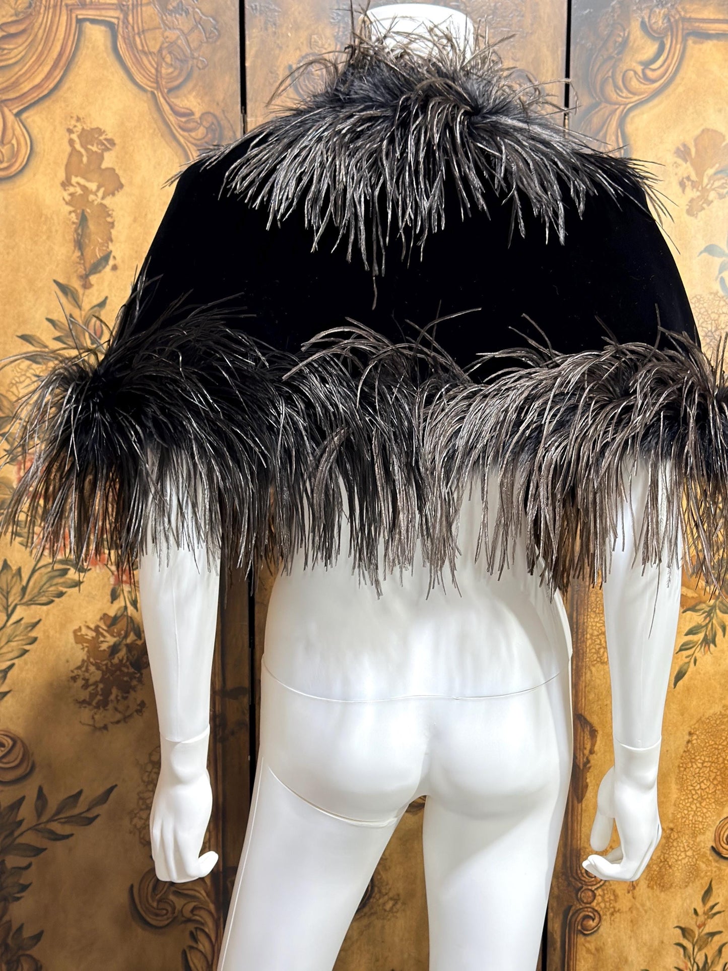 1980s Vintage Ostrich Feather Cape Shawl, Black velvet evening shoulder wrap