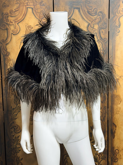1980s Vintage Ostrich Feather Cape Shawl, Black velvet evening shoulder wrap