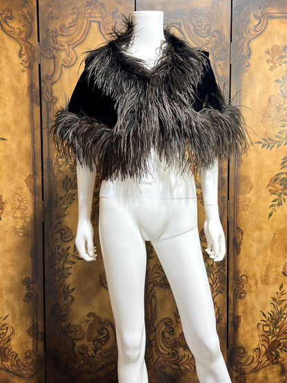 1980s Vintage Ostrich Feather Cape Shawl, Black velvet evening shoulder wrap