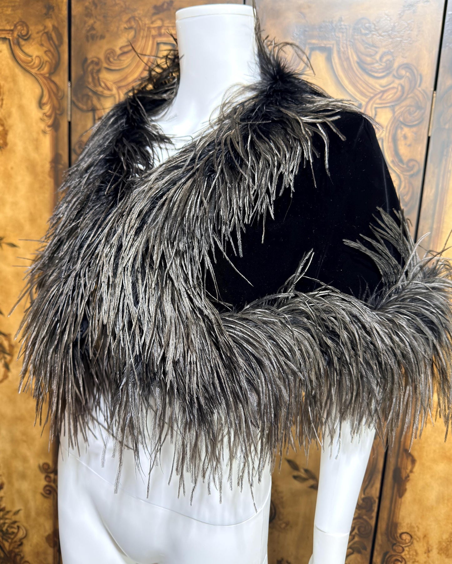 1980s Vintage Ostrich Feather Cape Shawl, Black velvet evening shoulder wrap