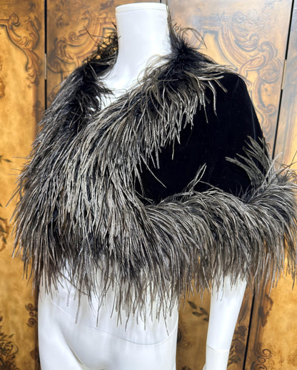 1980s Vintage Ostrich Feather Cape Shawl, Black velvet evening shoulder wrap