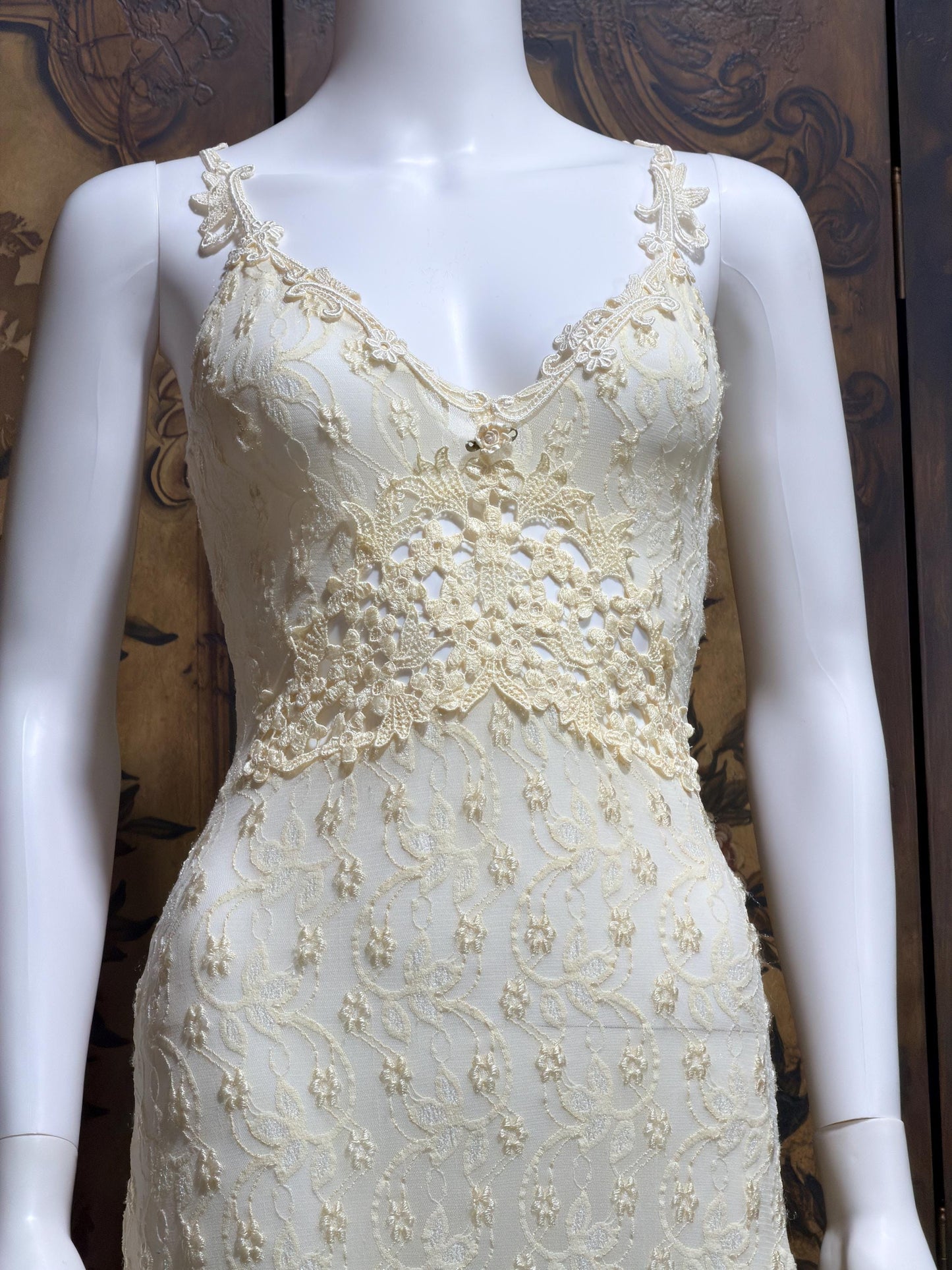 CLAIRE PETTIBONE, Y2K vintage nightgown slip dress, creamy white lace bridal wedding night gown