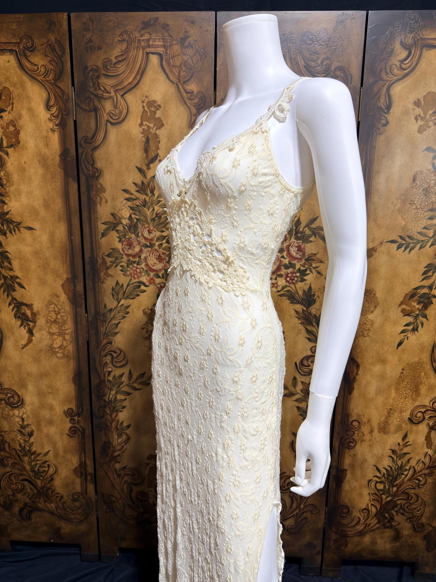 CLAIRE PETTIBONE, Y2K vintage nightgown slip dress, creamy white lace bridal wedding night gown