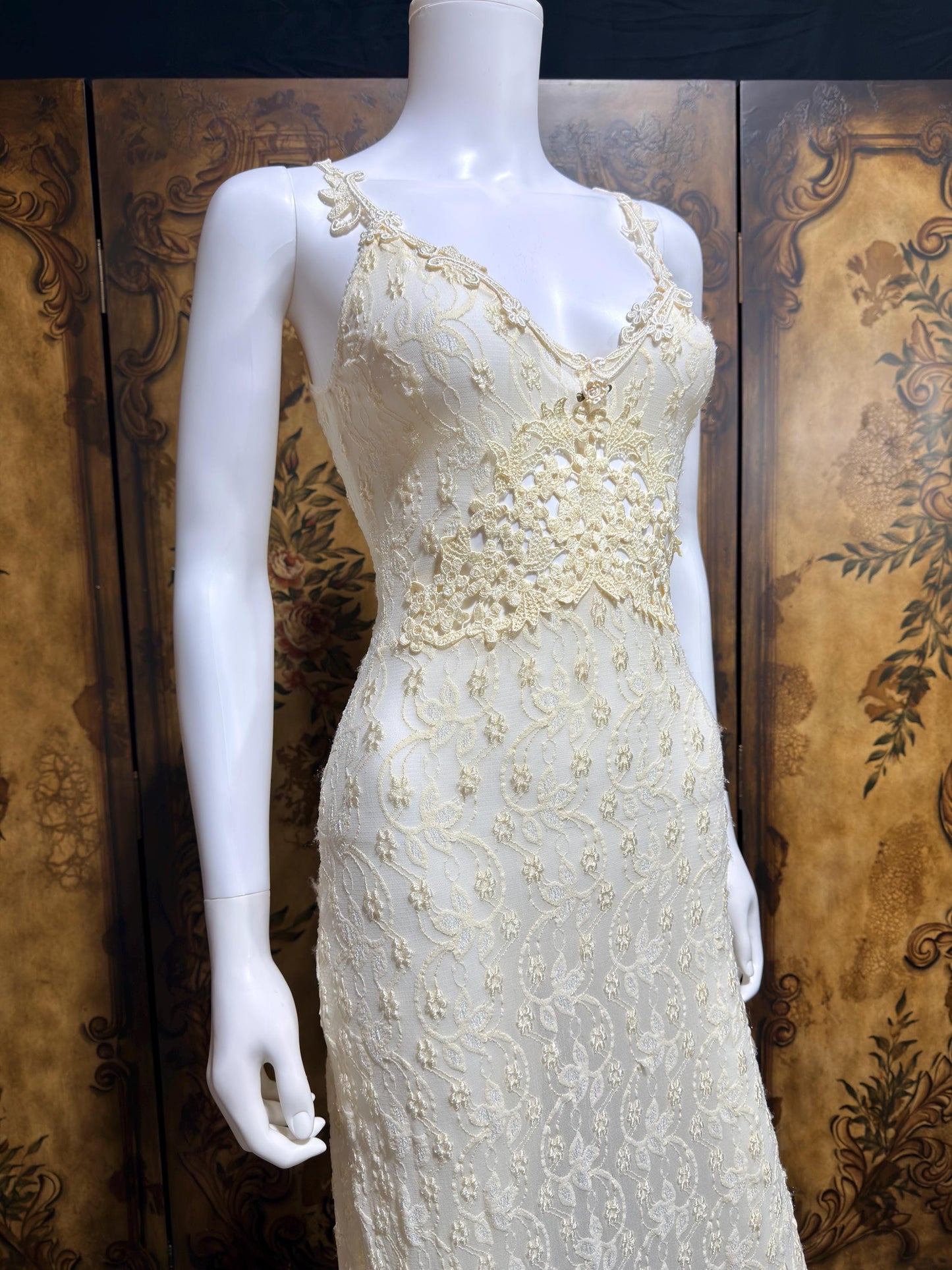 CLAIRE PETTIBONE, Y2K vintage nightgown slip dress, creamy white lace bridal wedding night gown