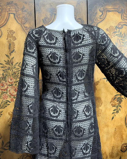 1970s vintage crochet dress, Black Cotton See Through Maxi dress