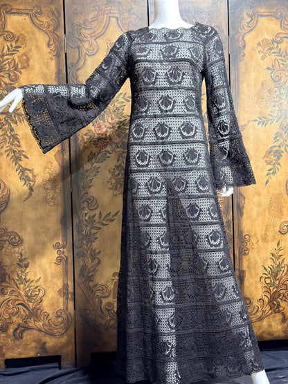 1970s vintage crochet dress, Black Cotton See Through Maxi dress