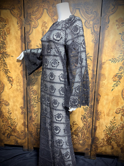 1970s vintage crochet dress, Black Cotton See Through Maxi dress