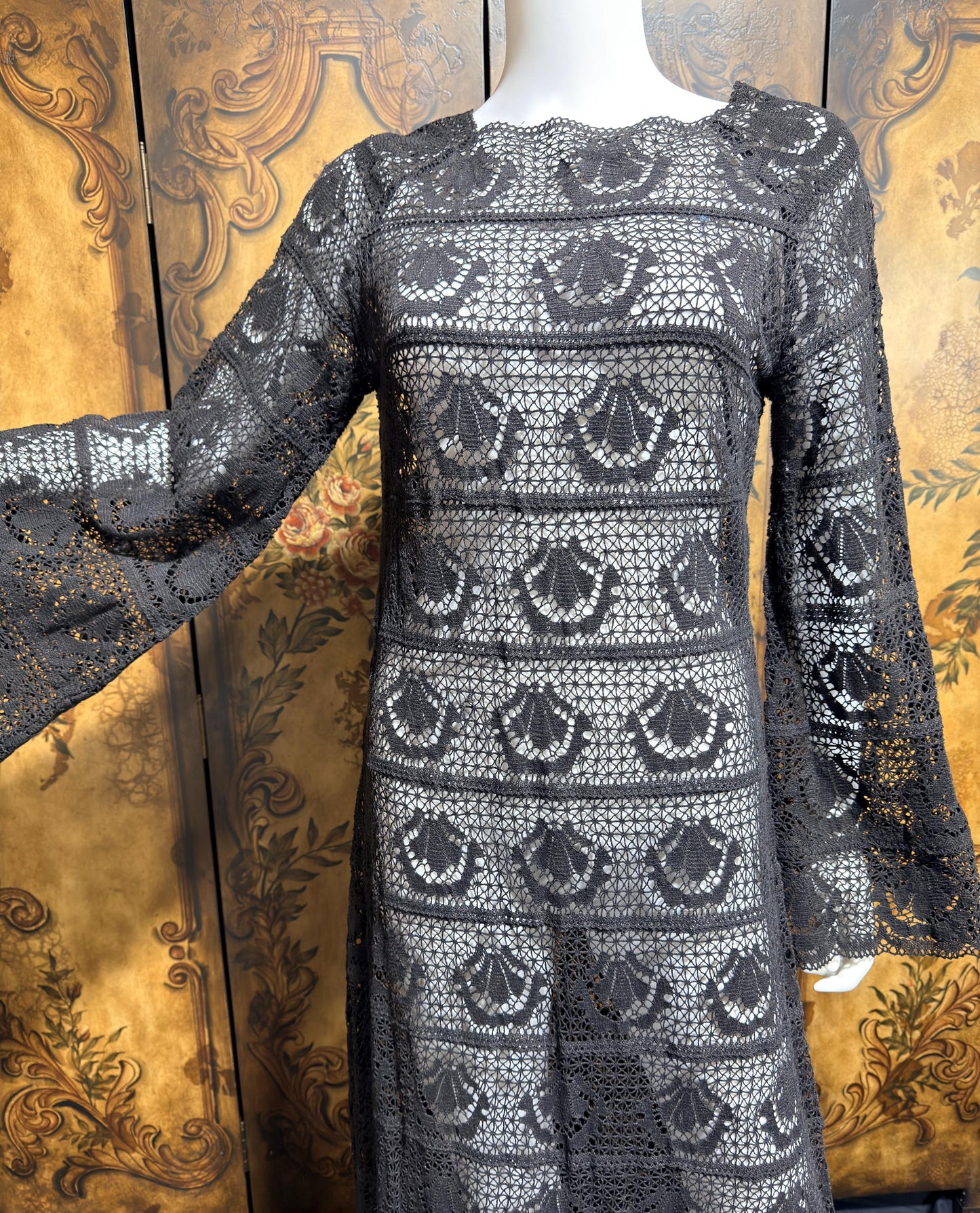1970s vintage crochet dress, Black Cotton See Through Maxi dress
