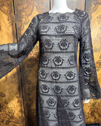 1970s vintage crochet dress, Black Cotton See Through Maxi dress