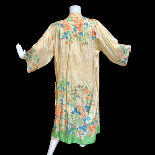 1920s vintage dressing gown robe, Ponge silk floral flapper style duster housecoat lingerie dress