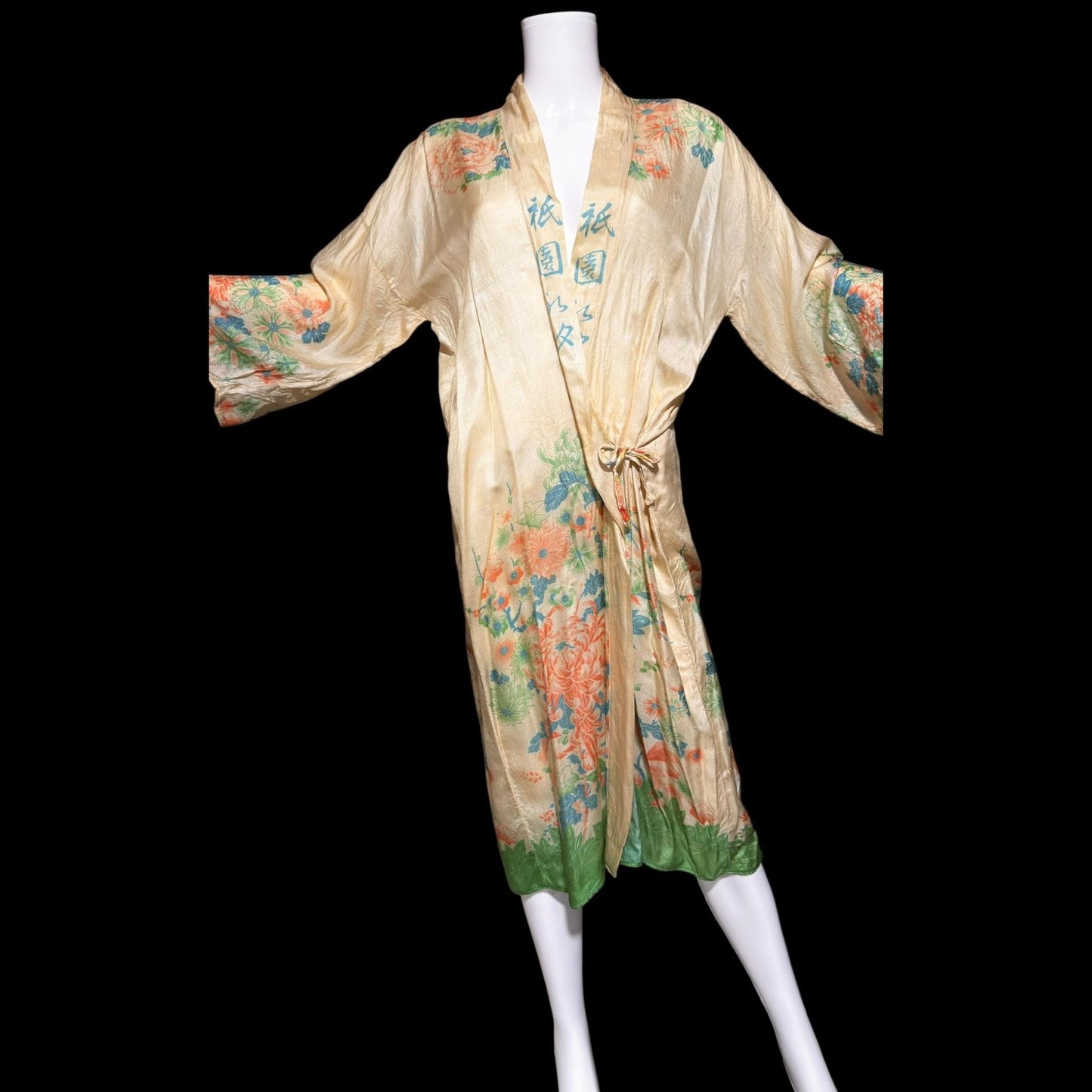 1920s vintage dressing gown robe, Ponge silk floral flapper style duster housecoat lingerie dress
