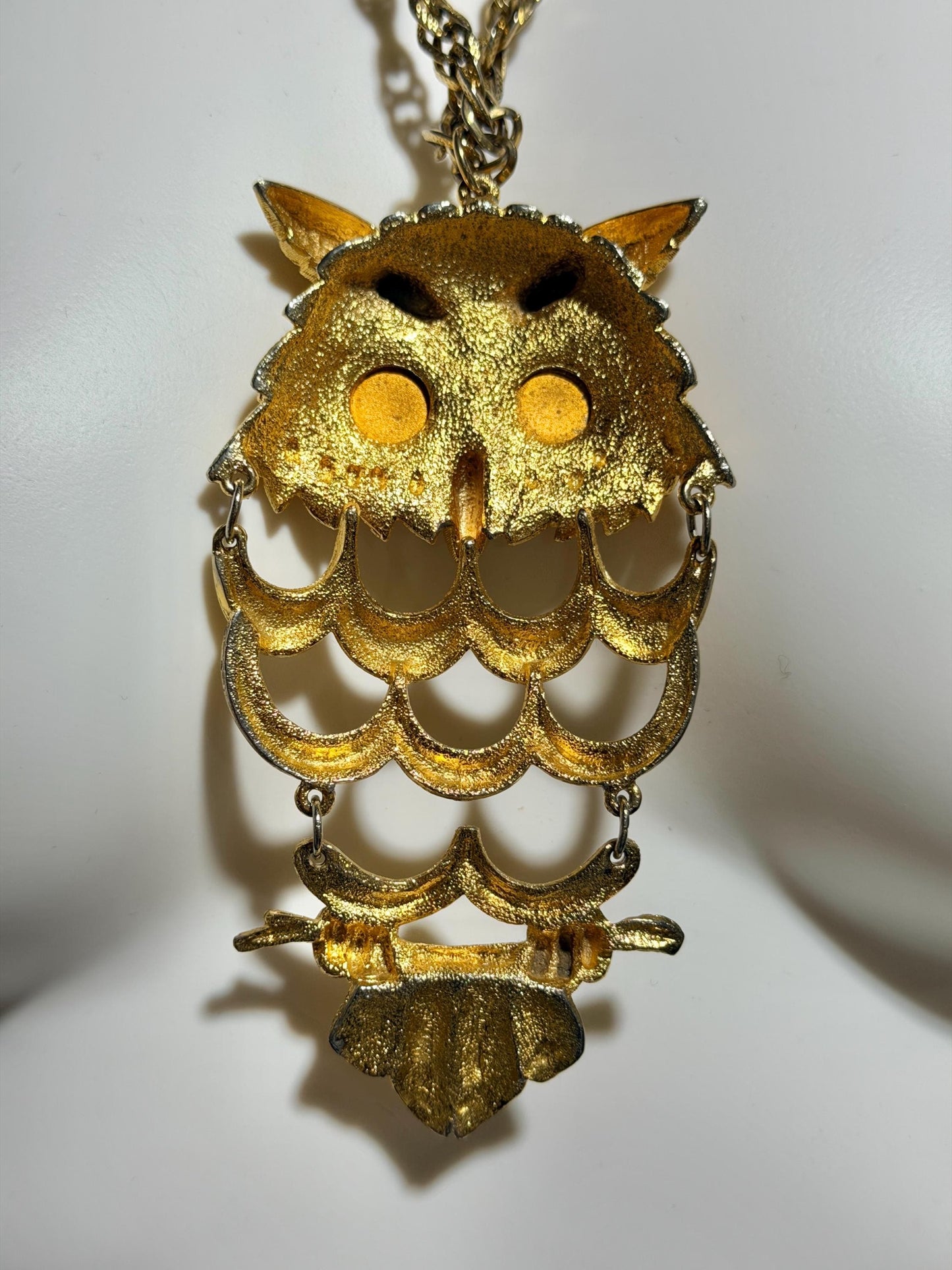 1970s Vintage OWL Necklace, Gold Articulated Pendant Rope Chain