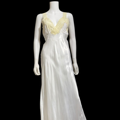 FORTY WINKS Vintage 1940s Nightgown Slip Dress, shiny white bias cut rayon lingerie dress