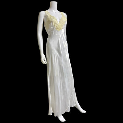 FORTY WINKS Vintage 1940s Nightgown Slip Dress, shiny white bias cut rayon lingerie dress
