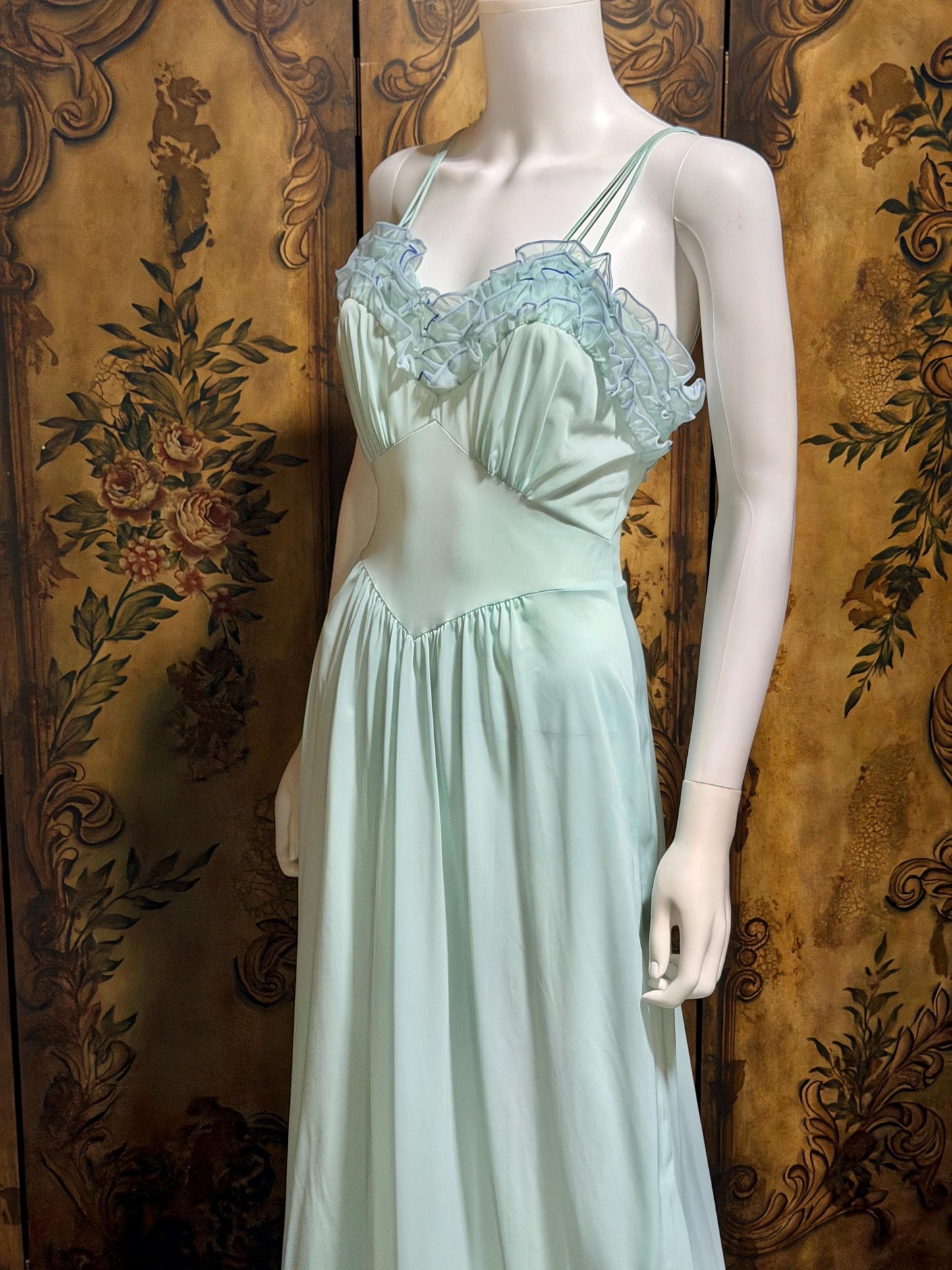 VANITY FAIR vintage nightgown slip dress, 1960s Aqua Blue nylon ruffle lingerie gown