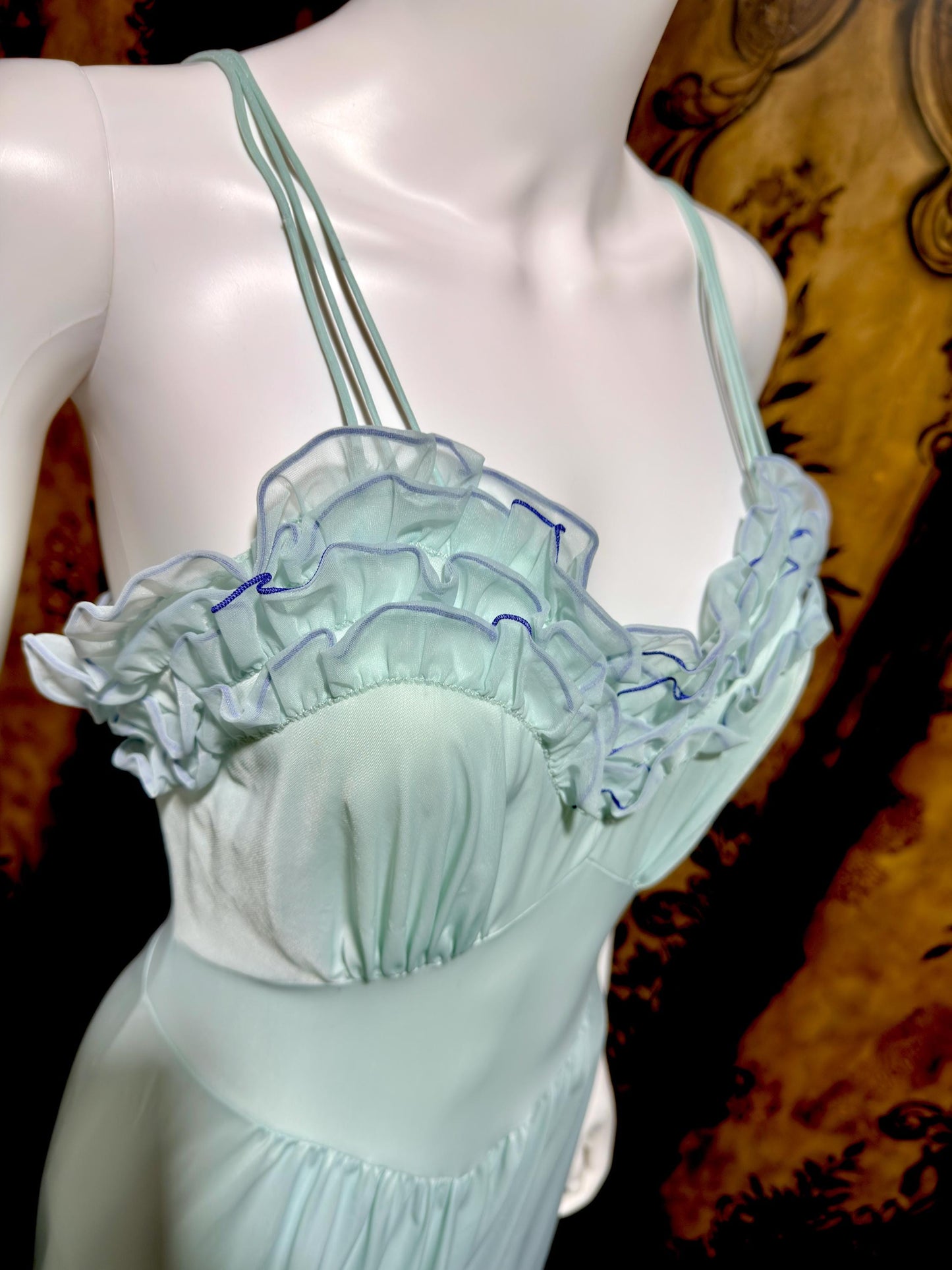 VANITY FAIR vintage nightgown slip dress, 1960s Aqua Blue nylon ruffle lingerie gown