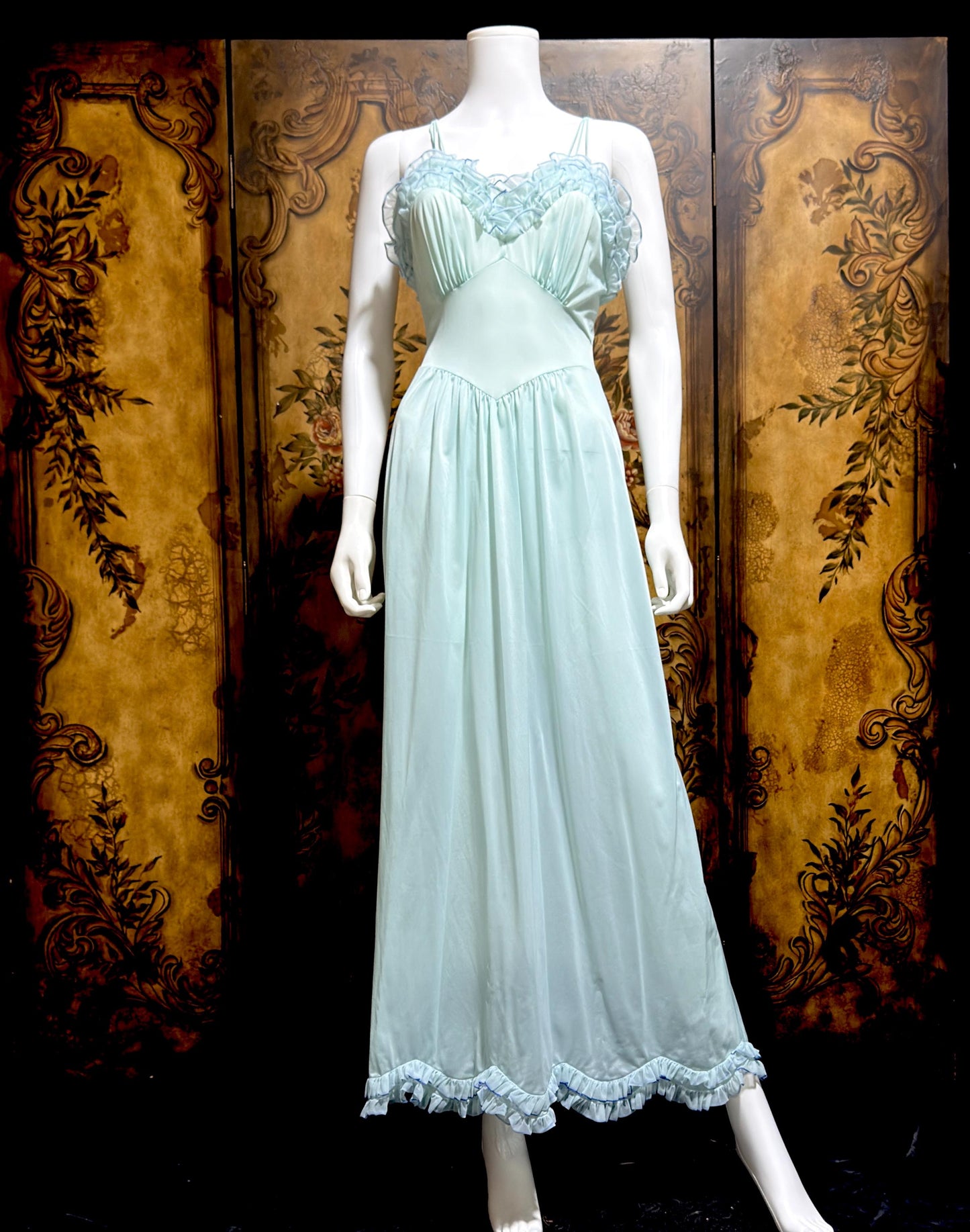 VANITY FAIR vintage nightgown slip dress, 1960s Aqua Blue nylon ruffle lingerie gown
