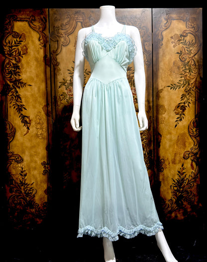 VANITY FAIR vintage nightgown slip dress, 1960s Aqua Blue nylon ruffle lingerie gown