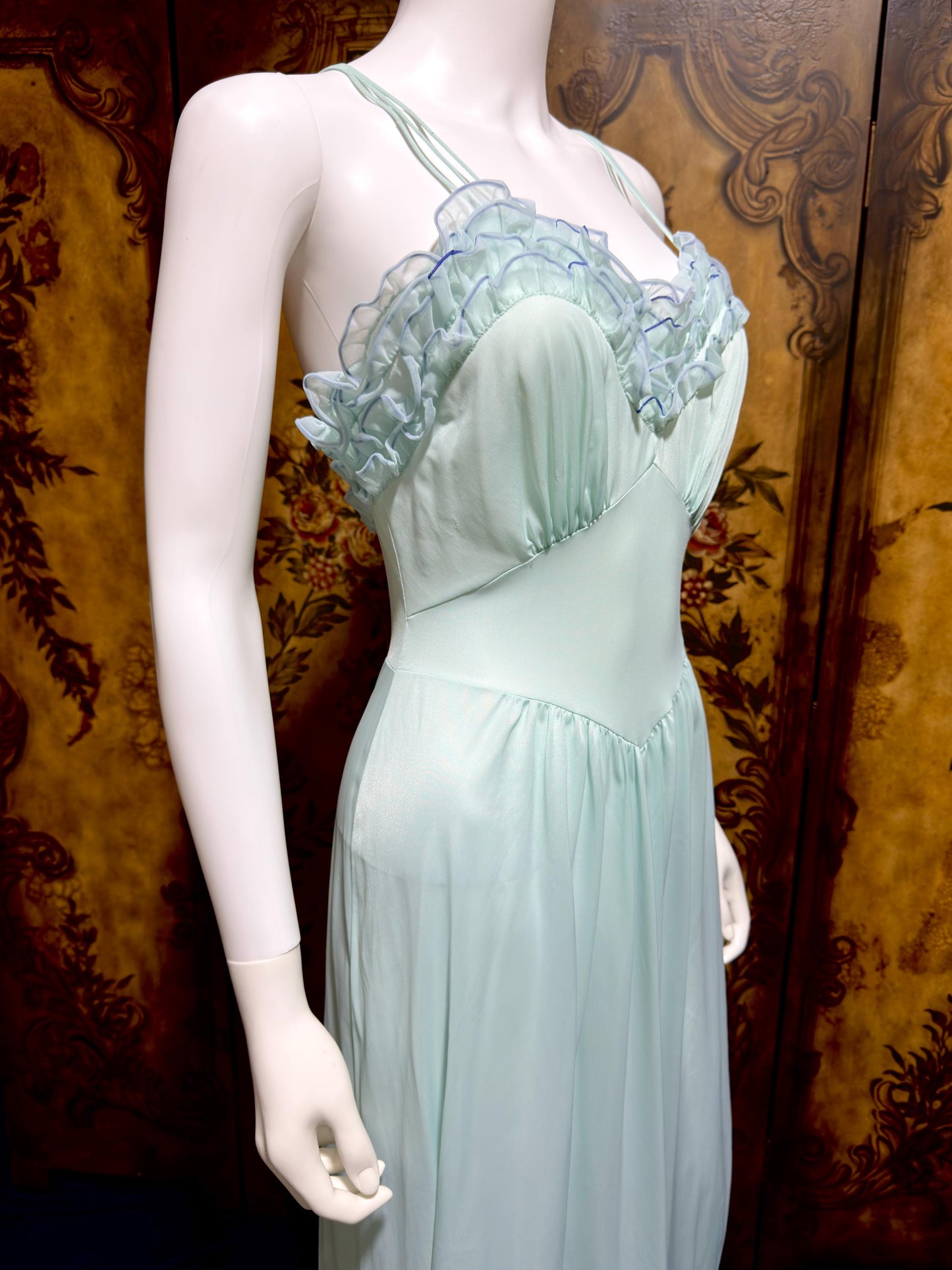 VANITY FAIR vintage nightgown slip dress, 1960s Aqua Blue nylon ruffle lingerie gown